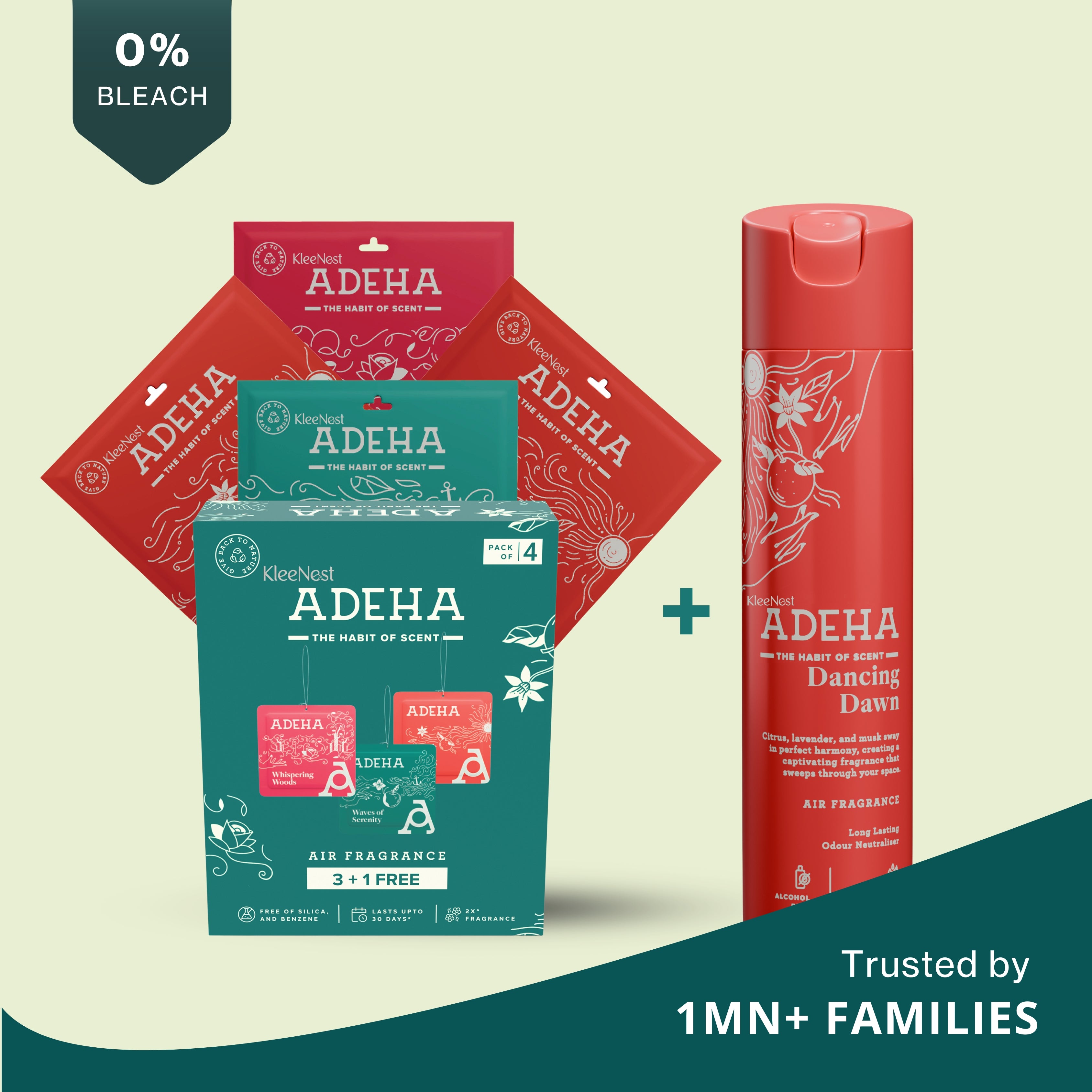 Adeha Air Freshener Pocket 3+1 Pack + Dancing Dawn 218 ml Spray