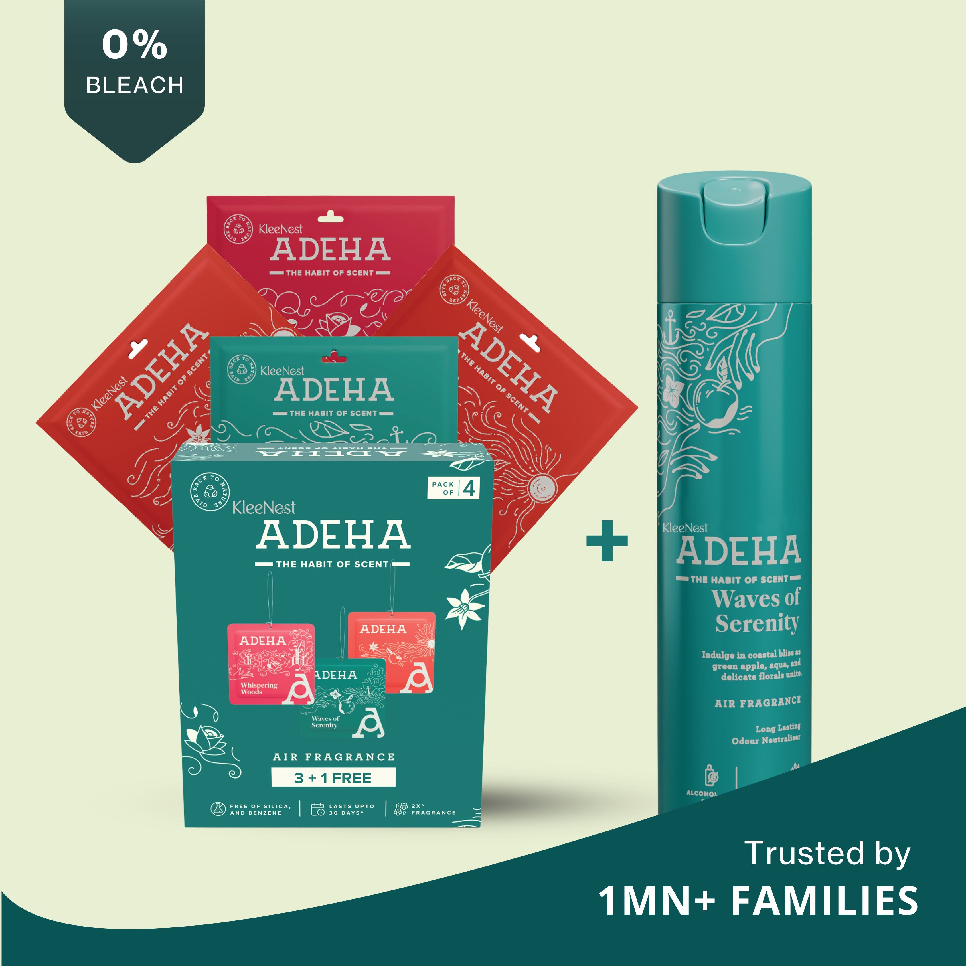Adeha Air Freshener Pocket 3+1 Pack + Waves of Serenity 218 ml Spray