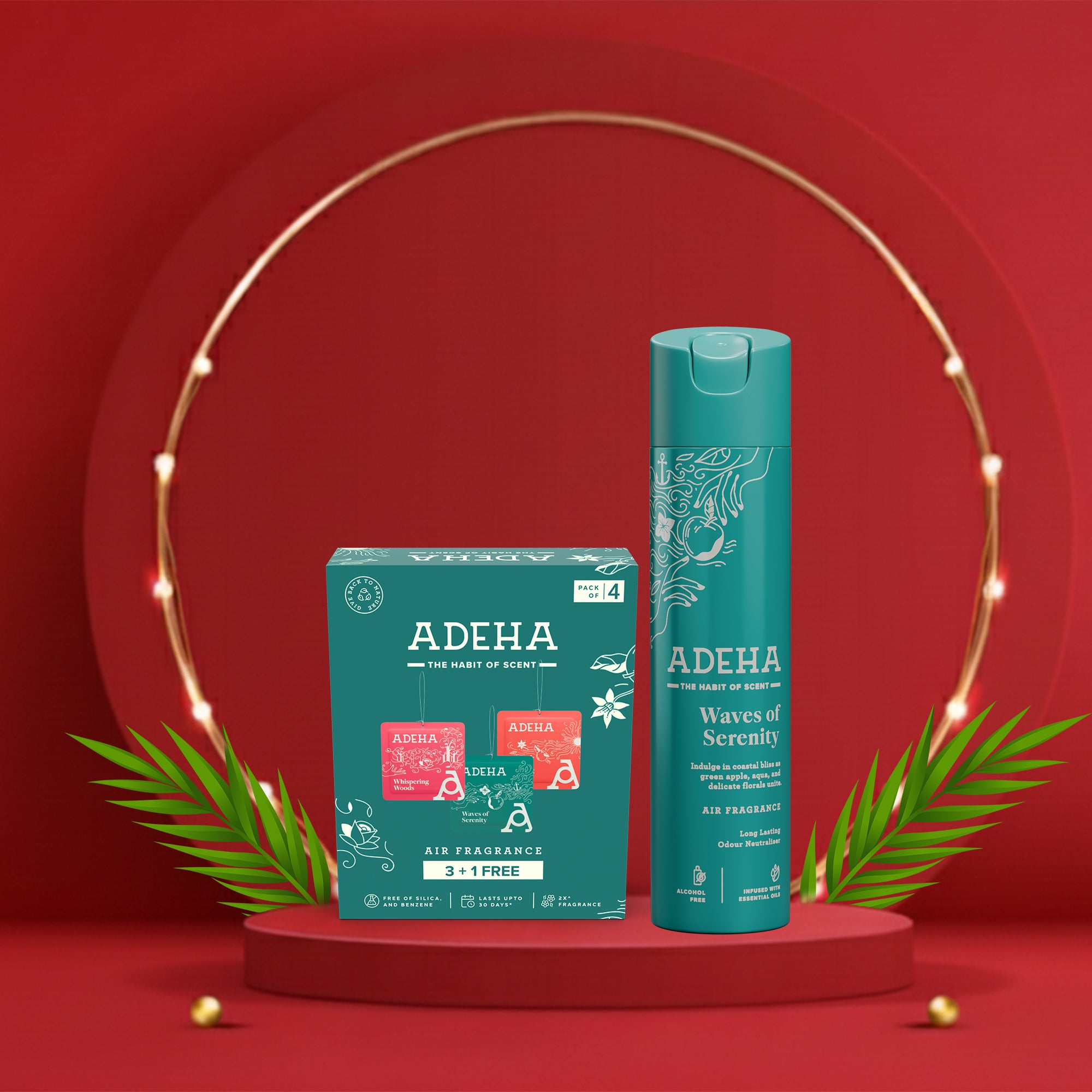 Adeha Air Freshener Pocket 3+1 Pack + Waves of Serenity 218 ml Spray