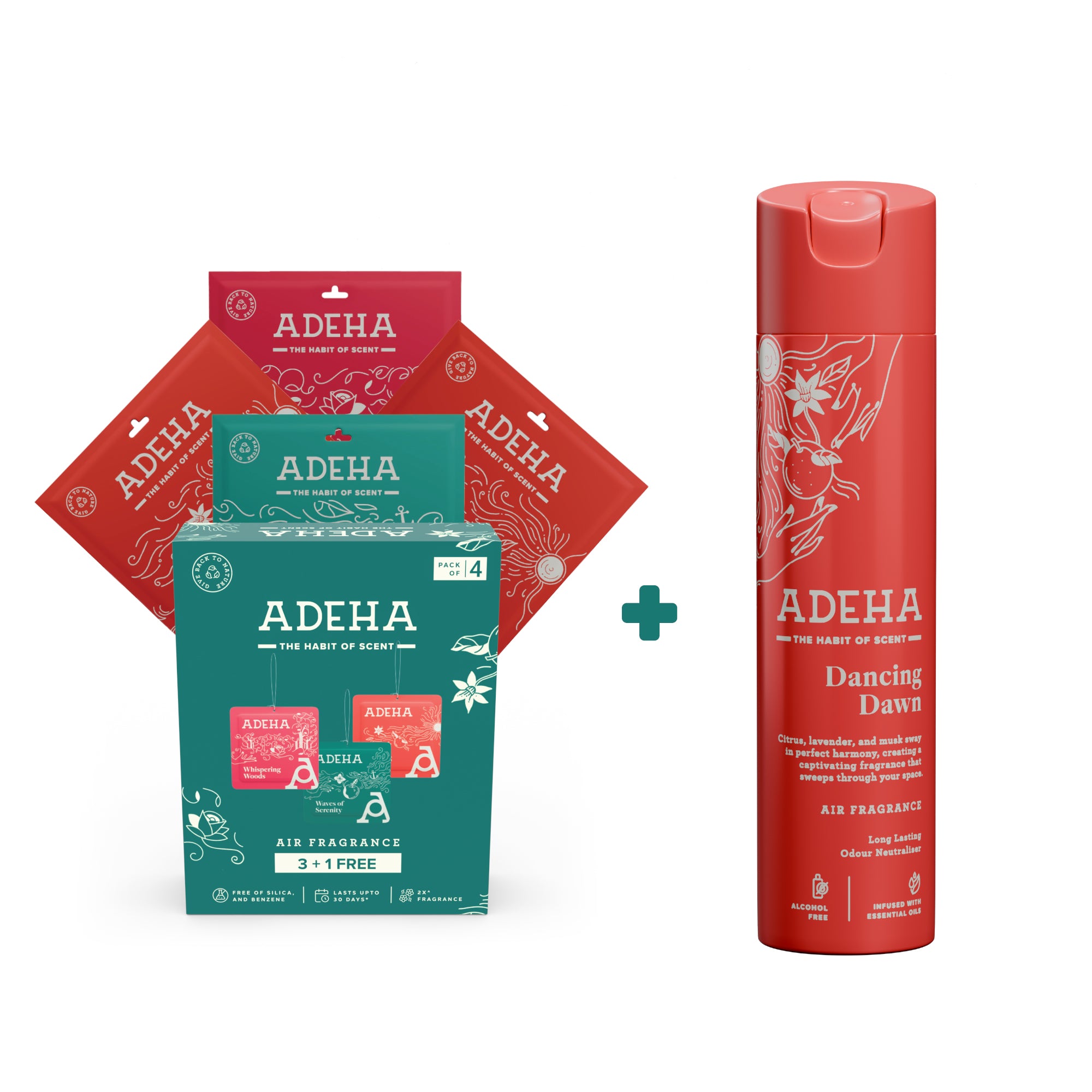 Adeha Air Freshener Pocket 3+1 Pack + Dancing Dawn 218 ml Spray