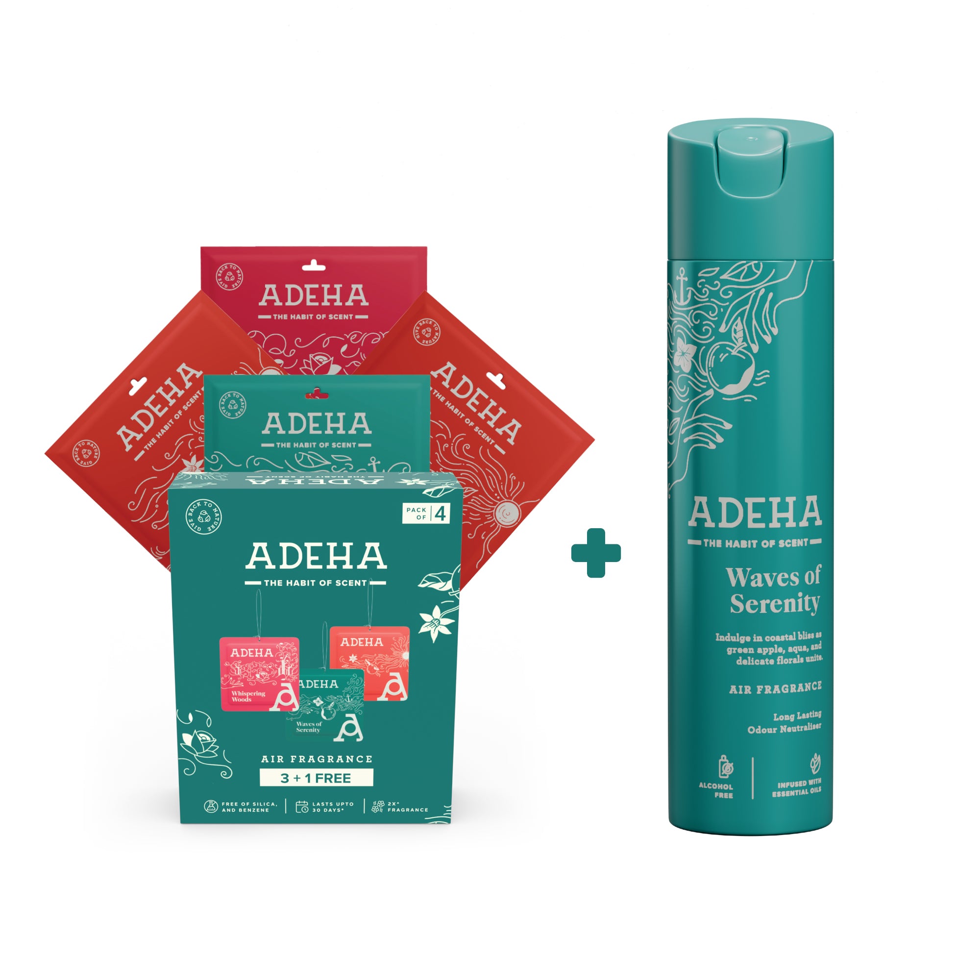 Adeha Air Freshener Pocket 3+1 Pack + Waves of Serenity 218 ml Spray
