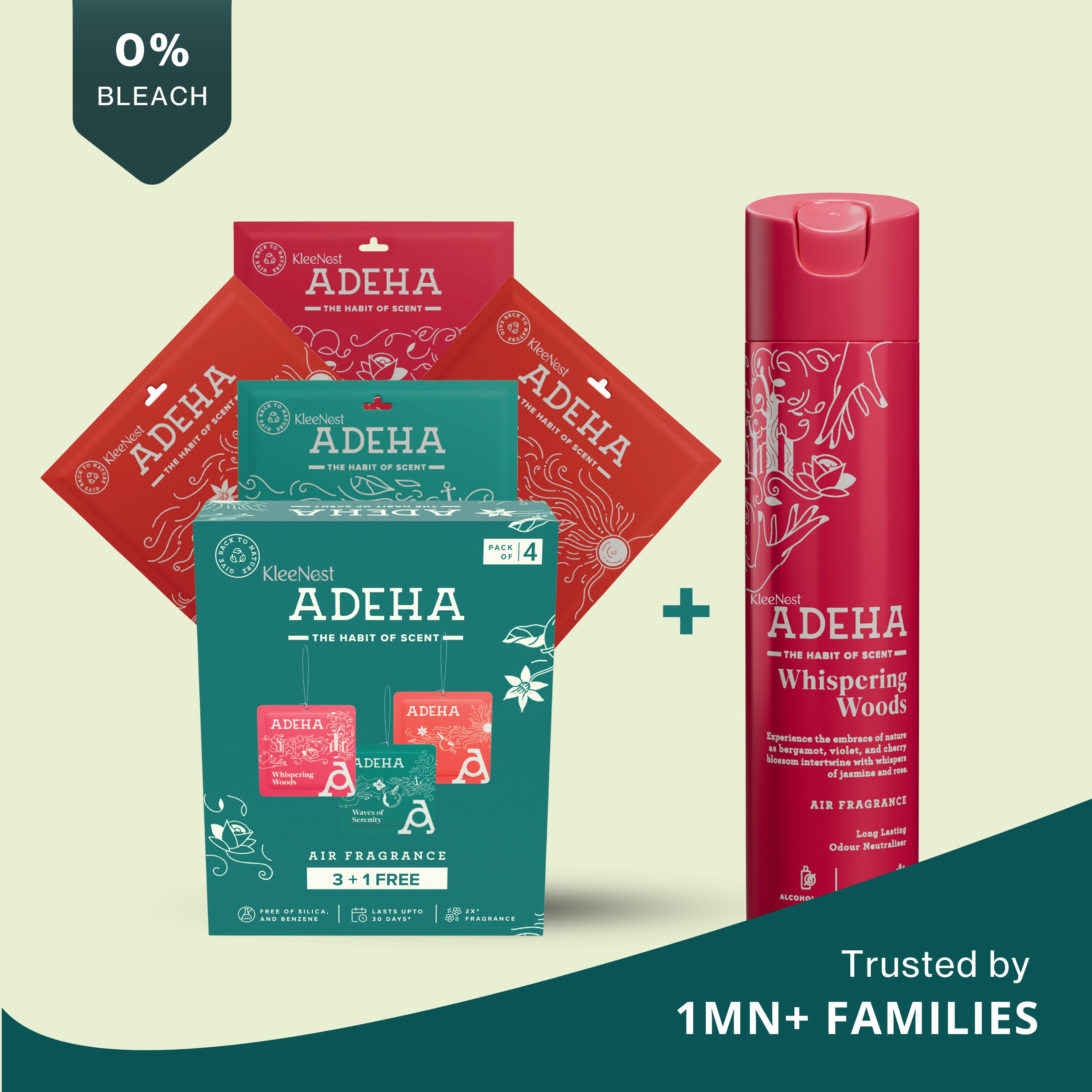 Adeha Air Freshener Pocket 3+1 Pack + Whispering Woods 218 ml Spray