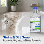 Muddy footprints and rust rings on tile before cleaning, next to the Klenzmo bottle, showing the insta-shine result