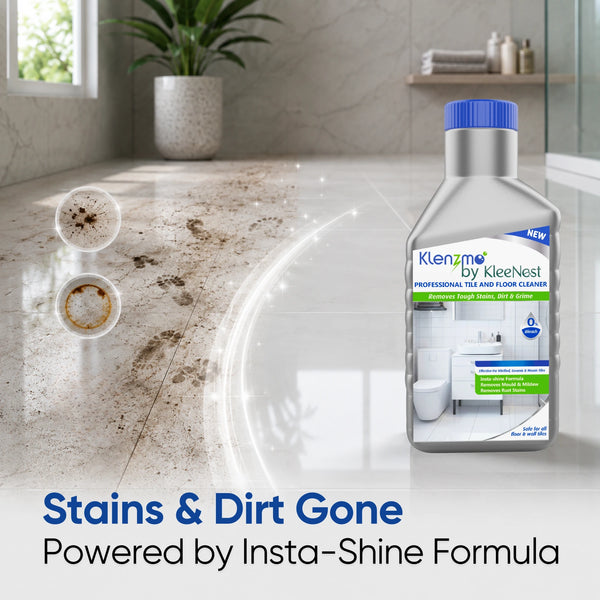 Muddy footprints and rust rings on tile before cleaning, next to the Klenzmo bottle, showing the insta-shine result