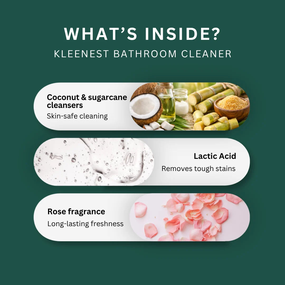 Kleenest Bathroom & Toilet Combo (Bathroom Cleaner 1 Ltr + Toilet Cleaner 1 Ltr), 0% Bleach, Plant-Based, Rose Fragrance