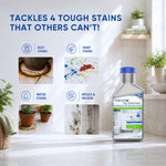 Four stain types the cleaner removes: rust, paint splatter, water rings and shower mould
