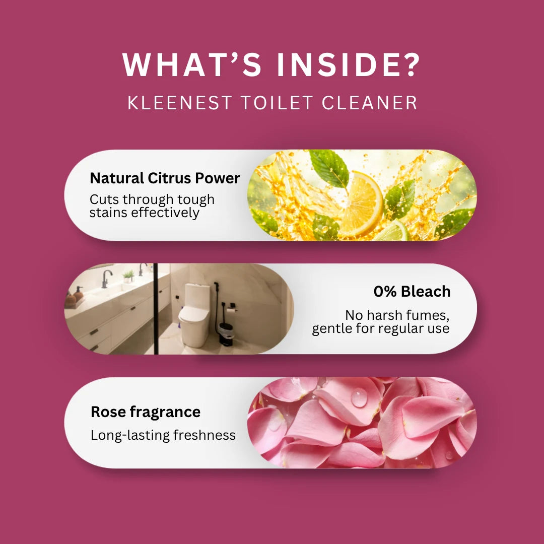 Kleenest Bathroom & Toilet Combo (Bathroom Cleaner 1 Ltr + Toilet Cleaner 1 Ltr), 0% Bleach, Plant-Based, Rose Fragrance