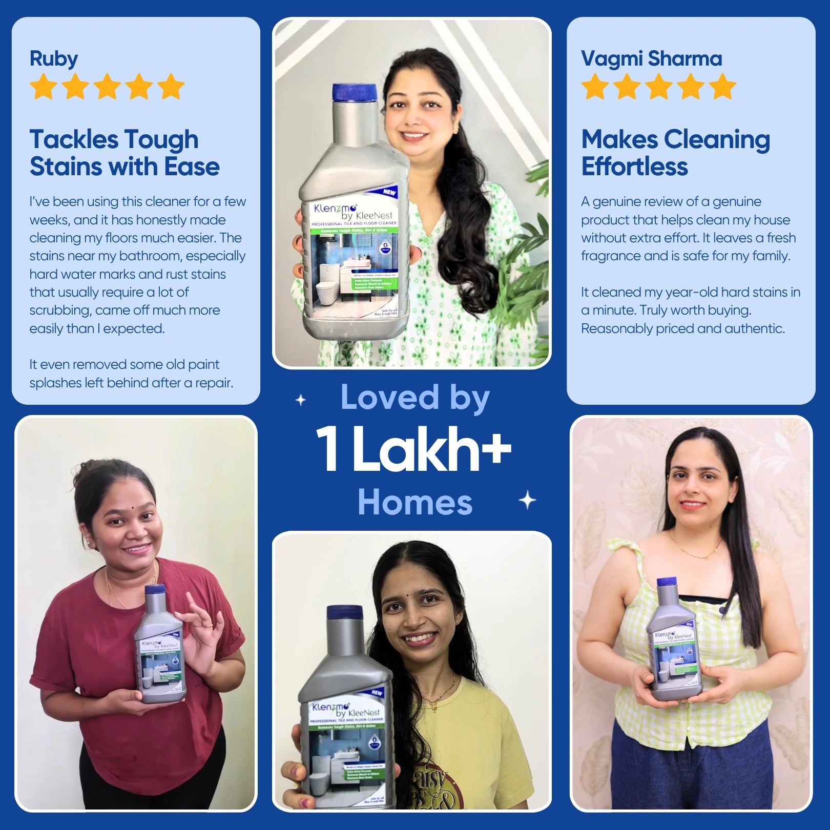 Customer review collage of five verified buyers holding the Klenzmo Tile & Floor Cleaner bottle with five-star ratings