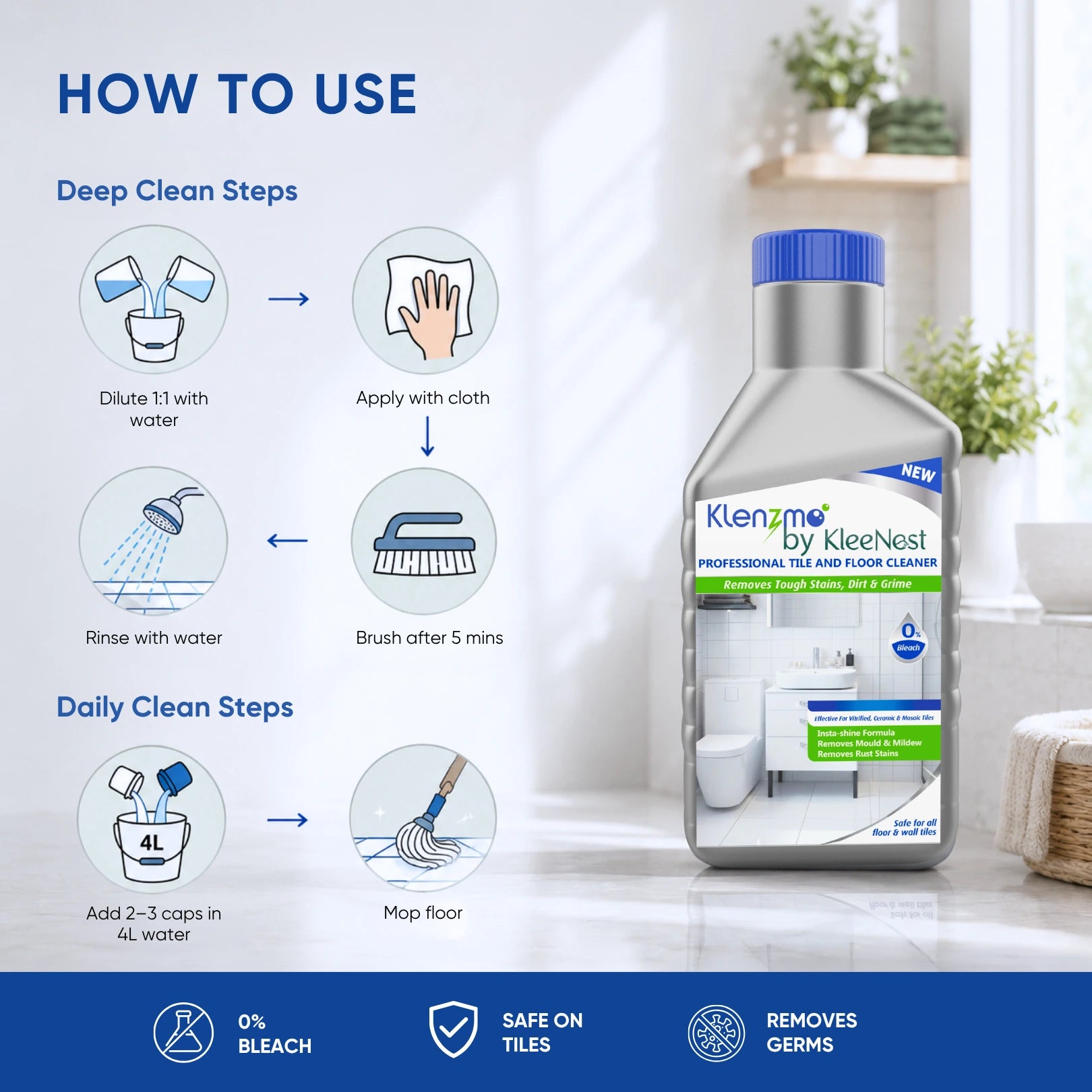 How to use: dilute 1:1 for deep cleaning stains, or 2-3 caps per 4L water for daily mopping