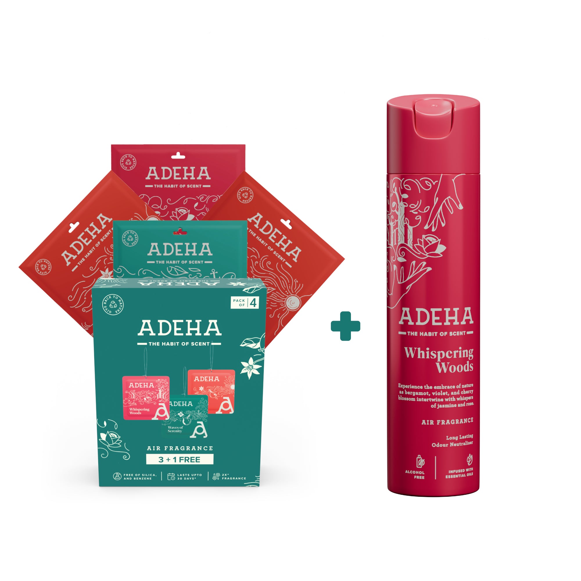 Adeha Air Freshener Pocket 3+1 Pack + Whispering Woods 218 ml Spray