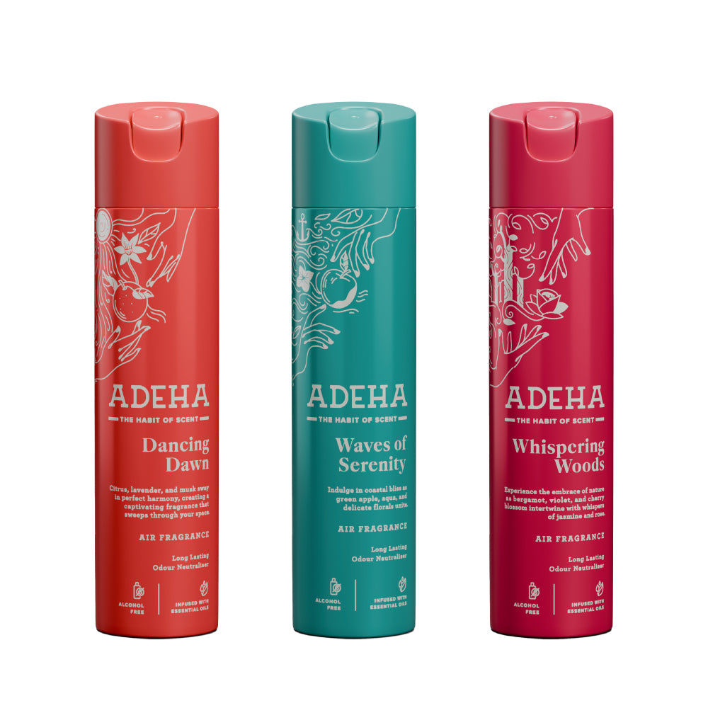 Adeha Room Air Freshener Spray  Buy 2 Get 1 Free - Dancing Dawn, Waves of Serenity and Whispering Woods | Alcohol Free Room Freshener for Home & Office (218 mlx3) | Long-Lasting Fragrance